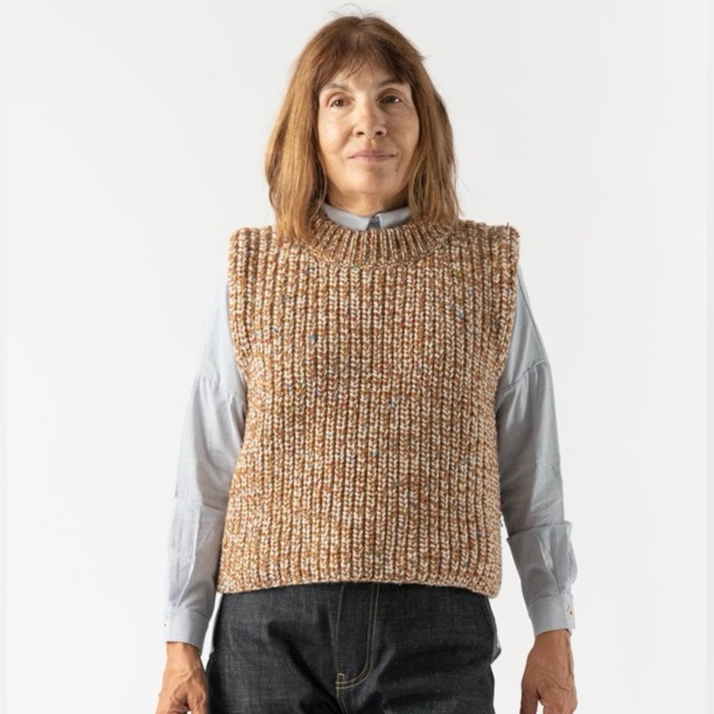 Caron Callaghan Dylan confetti spice, wool sweater vest, medium